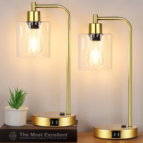 Gold Industrial Touch Table Lamps 2 Pack With USB Ports